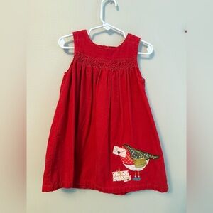 Baby Boden Red Dress with Bird Holding Letters Applique